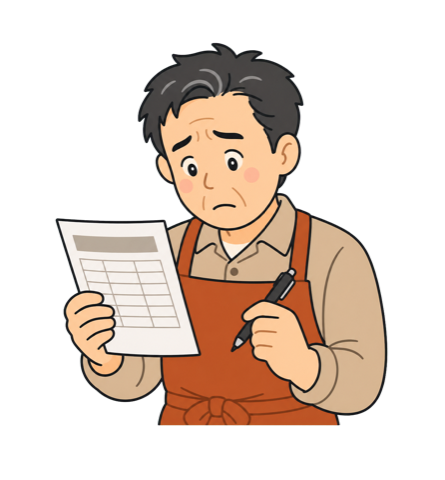 見積書を見ながら価格に迷うおじさん店主