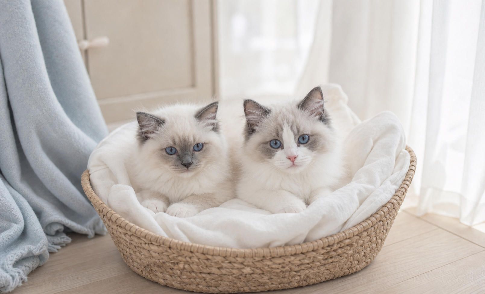 バスケットで眠るラグドールの子猫たち