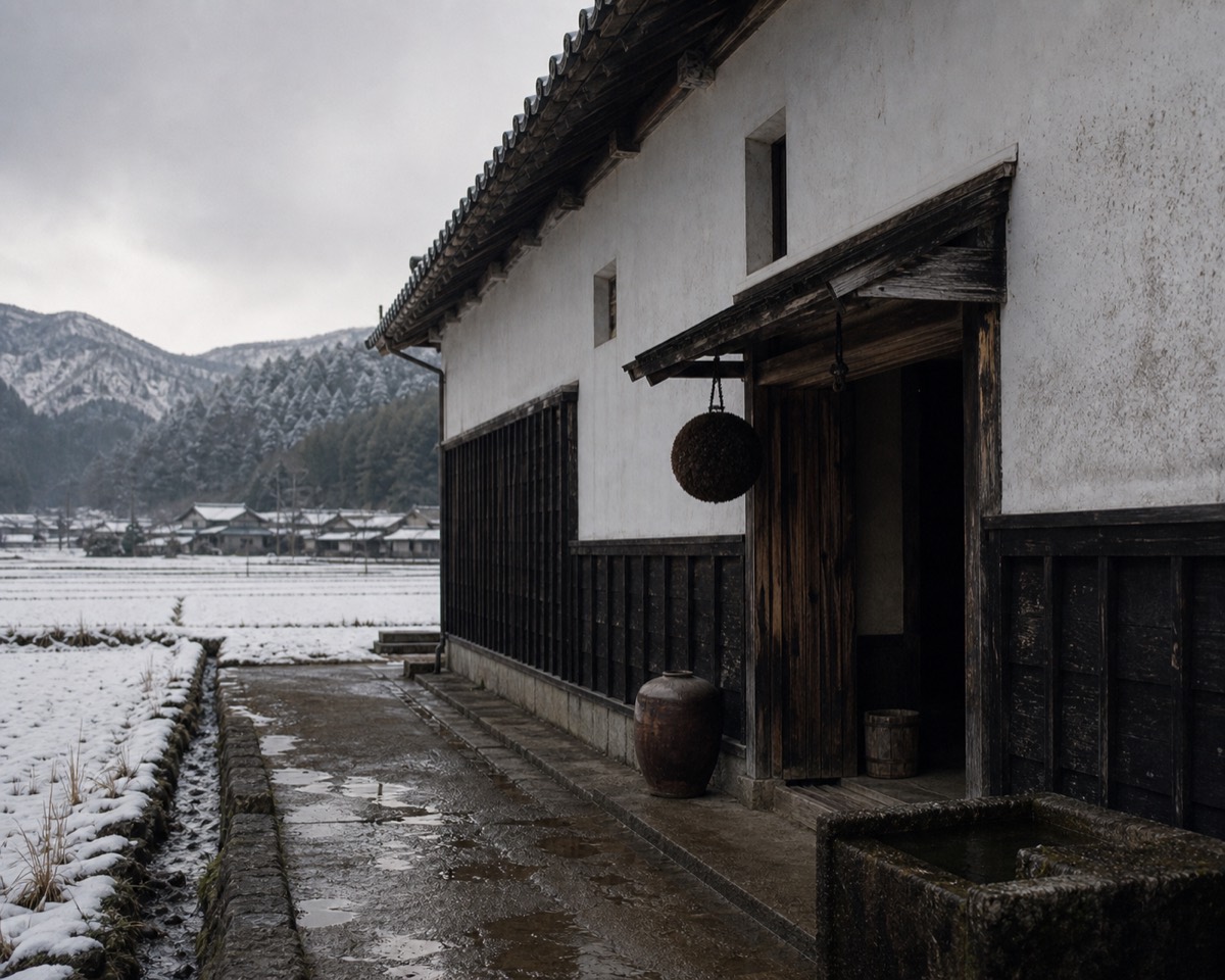 雪国の酒蔵外観を写した架空の蔵写真