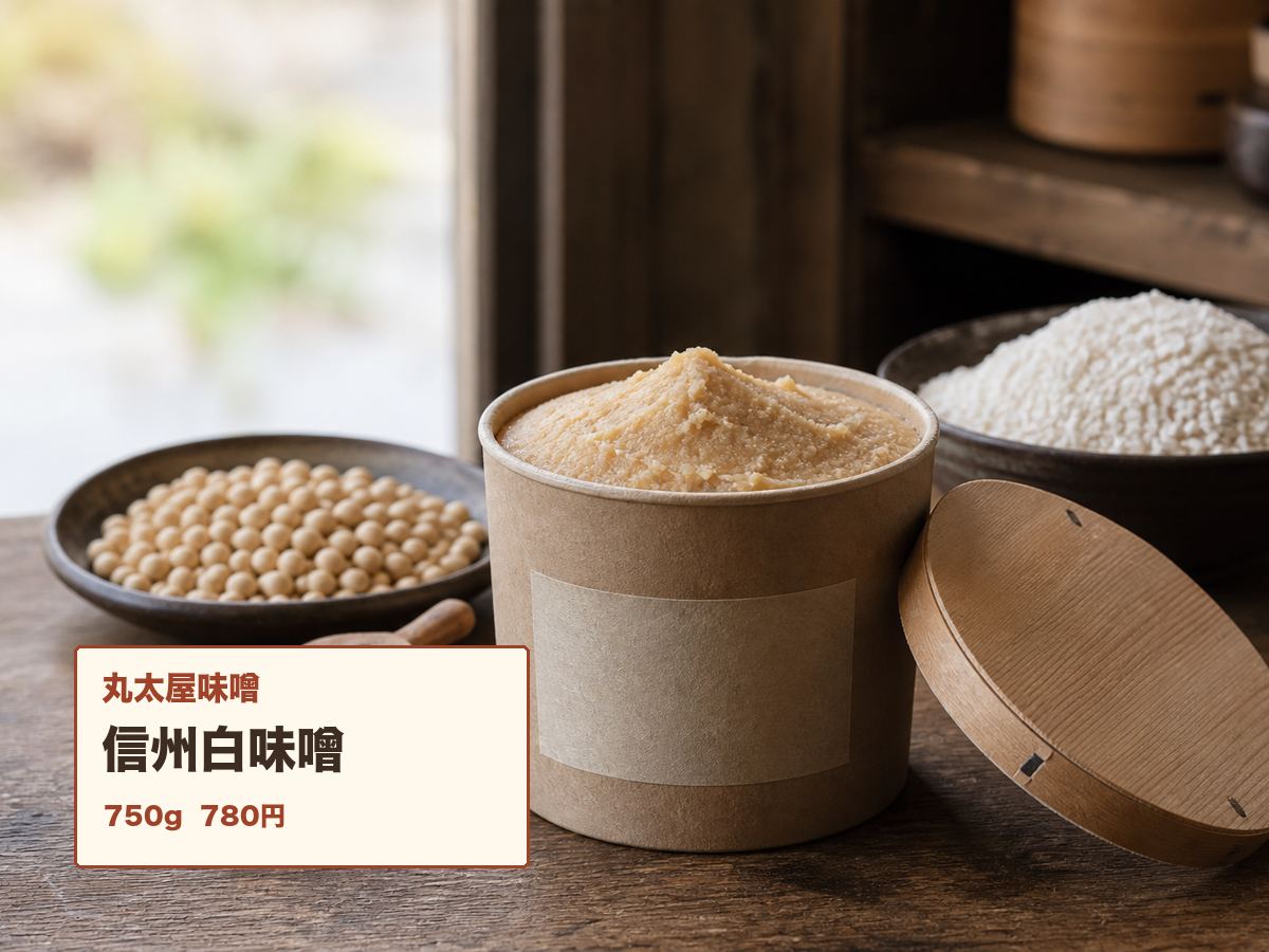 信州白味噌のパッケージと大豆を写した架空の商品写真