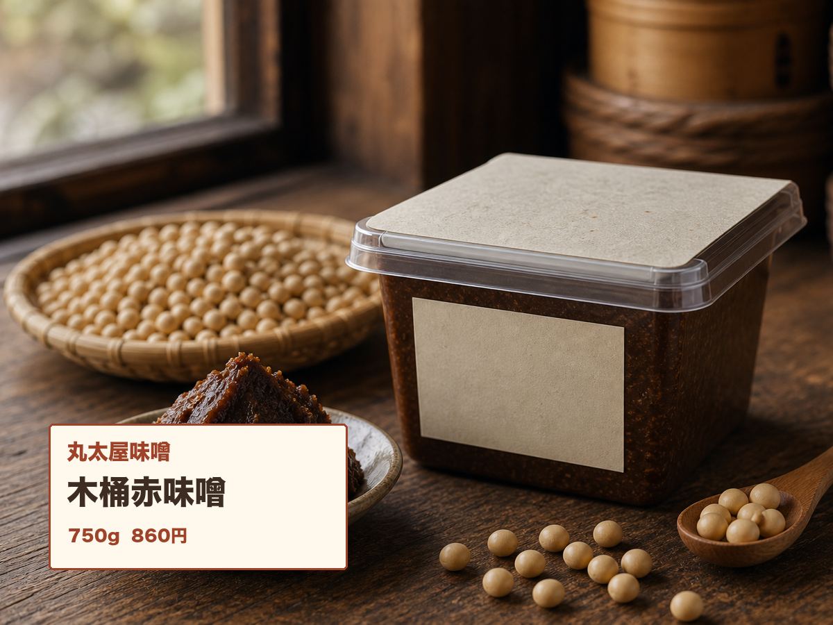 木桶赤味噌のパッケージを写した架空の商品写真
