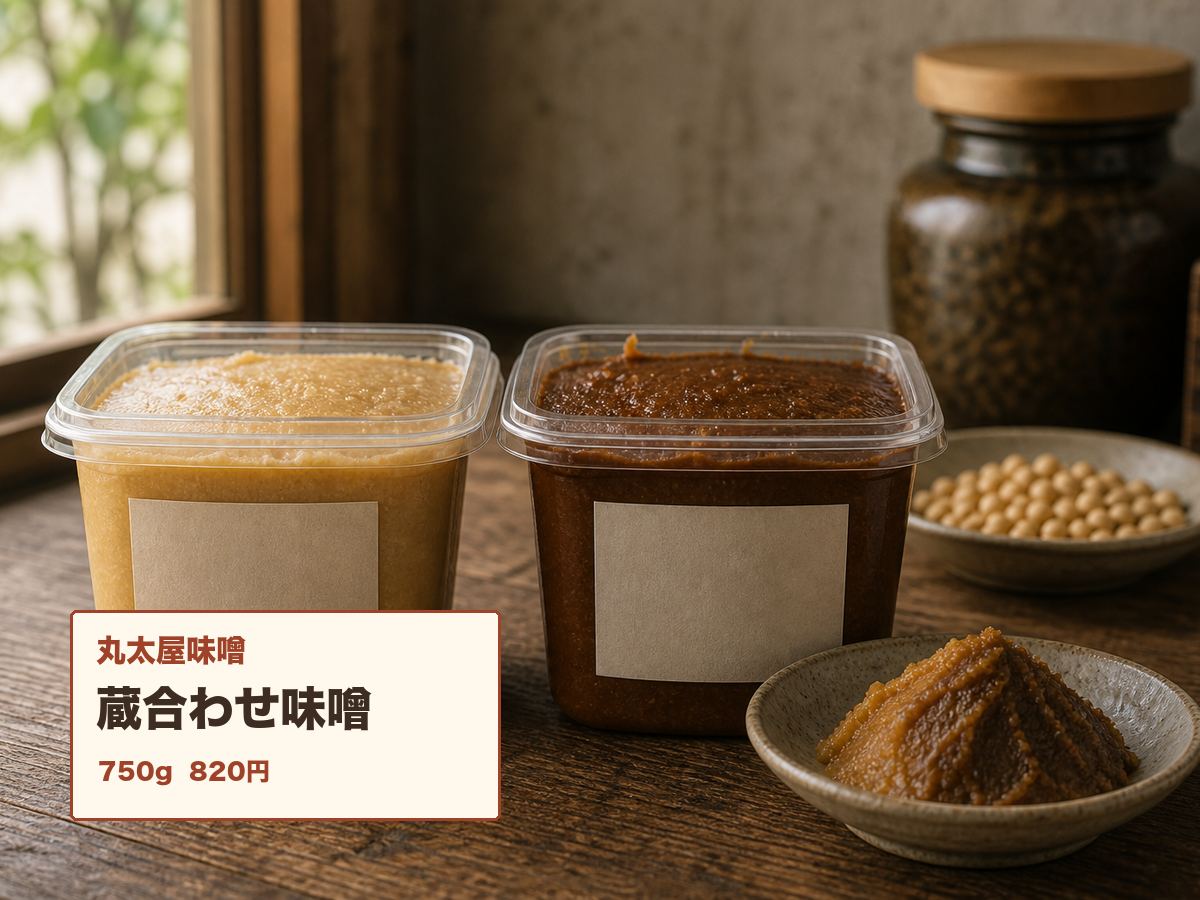 蔵合わせ味噌の白赤パッケージを写した架空の商品写真