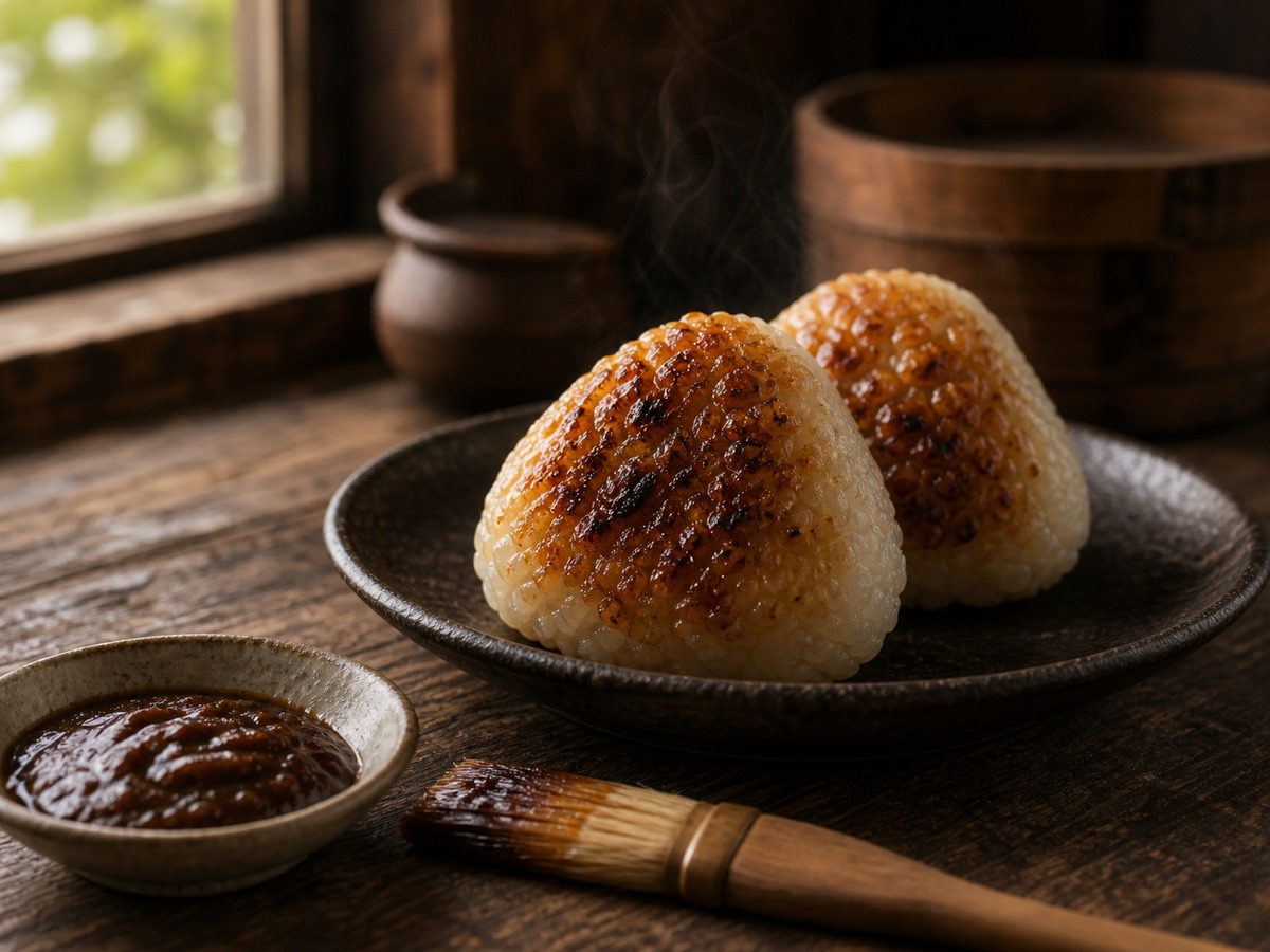味噌だれ焼きおにぎりを写した架空の料理写真
