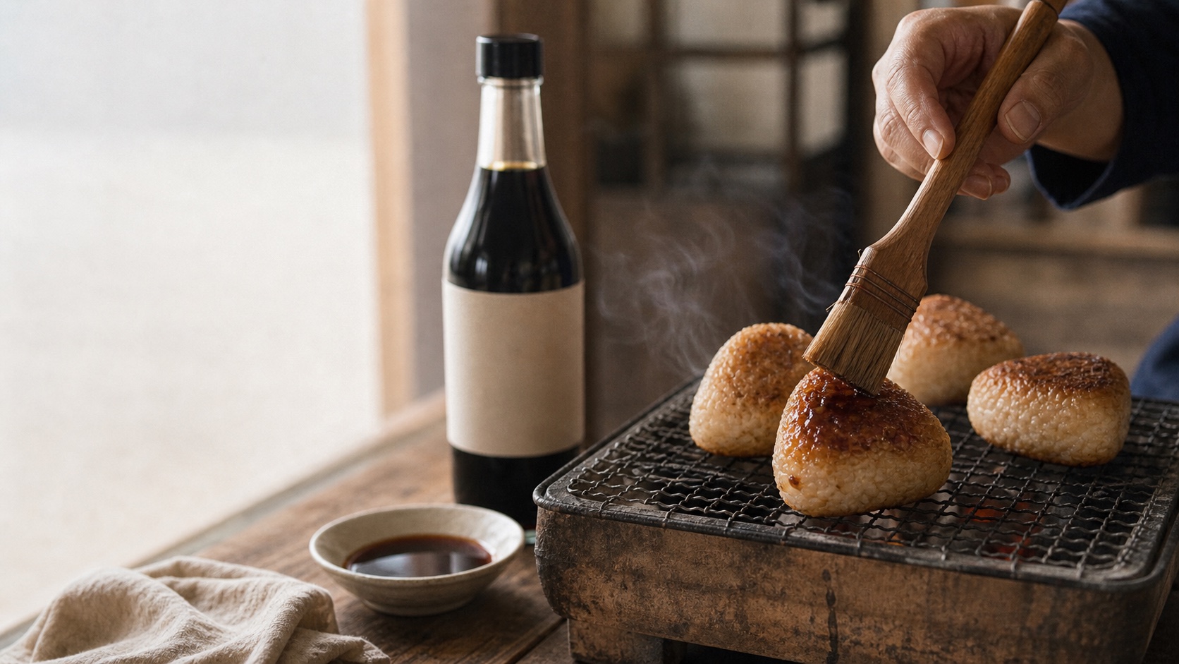 焼きおにぎりに醤油を塗る手元と醤油瓶