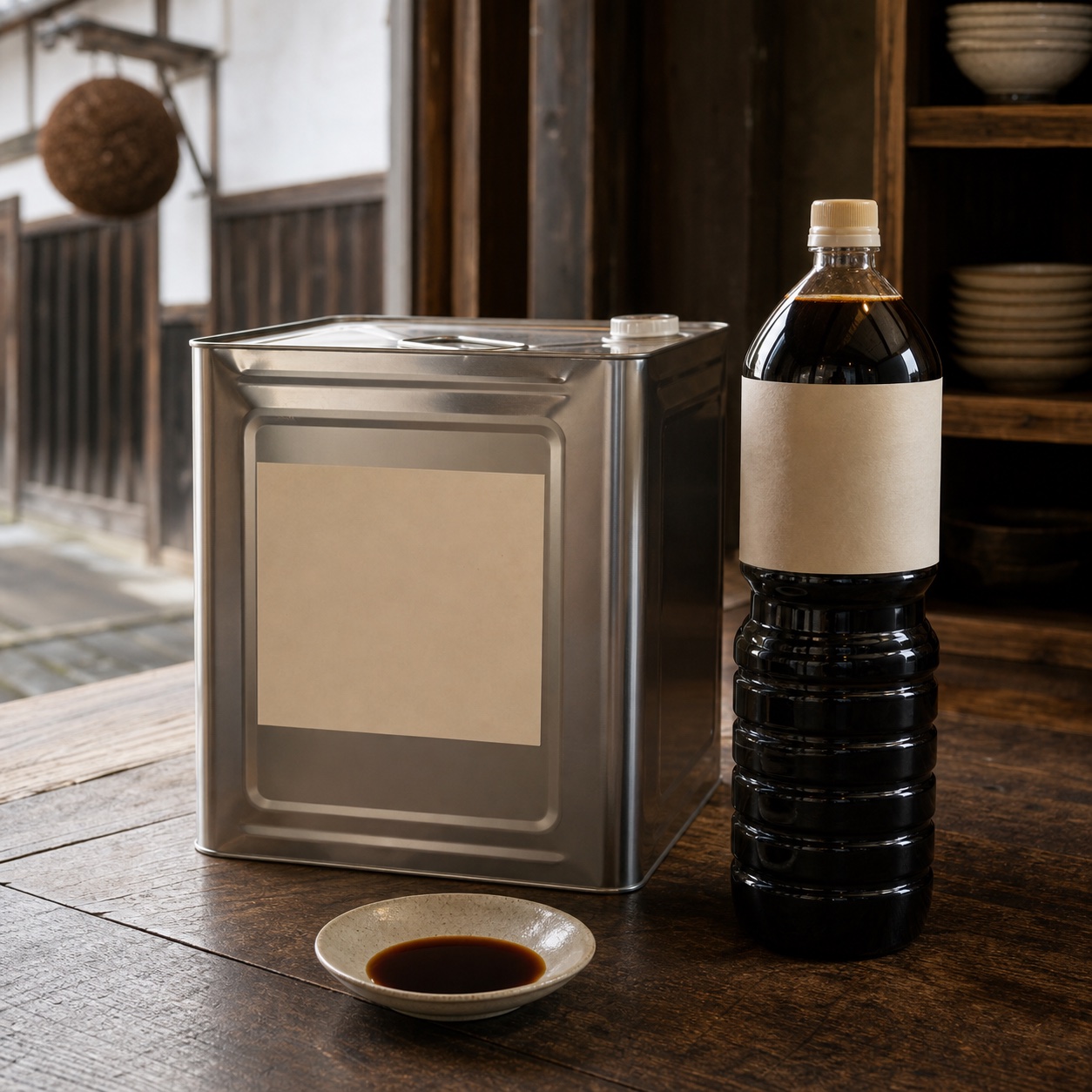 一斗缶と業務用醤油ボトル