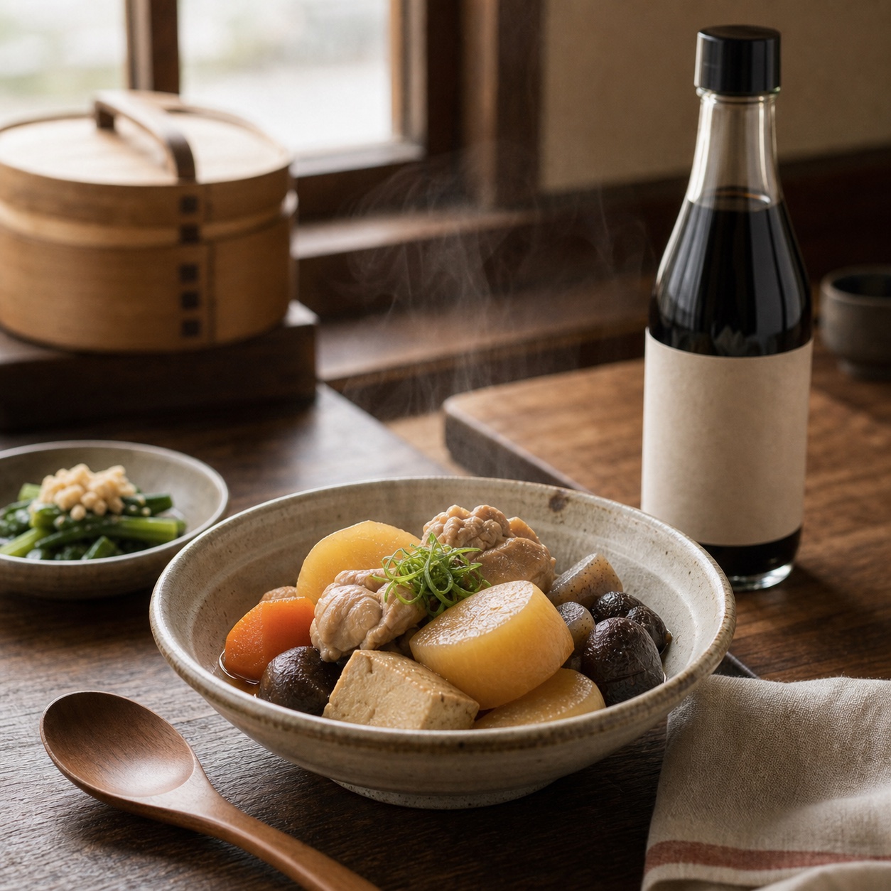 醤油で煮た根菜と鶏肉の煮物